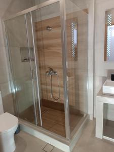 um chuveiro com uma porta de vidro na casa de banho em Selinia Residence em Selínia