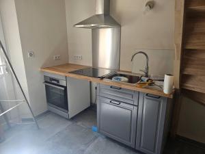 a small kitchen with a sink and a stove at Ma p'tite cabane in Neufmarché