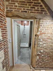 a bathroom with a brick wall and a white door at Ma p'tite cabane in Neufmarché