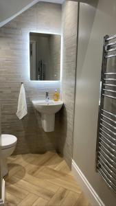 ein Badezimmer mit einem Waschbecken, einem WC und einem Spiegel in der Unterkunft CityGo Apartments Queens in Belfast