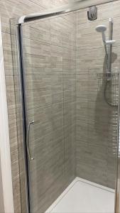 a shower with a glass door in a bathroom at CityGo Apartments Queens in Belfast