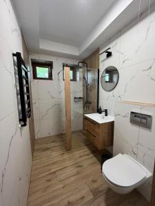 La salle de bains est pourvue de toilettes et d'un lavabo. dans l'établissement Apartamenty Wadowity- Energylandia Zator, à Wadowice