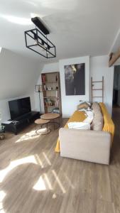 ein Wohnzimmer mit einem Sofa und einem TV in der Unterkunft Malo les bains Appt à 7 minutes de la plage in Dunkerque