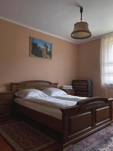 1 dormitorio con 1 cama grande y luz colgante en Вілла де Кампо en Chynadiyovo