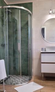 a shower with a glass door in a bathroom at Lis i Mewa Domy Apartamentowe in Wicie