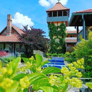 un jardín con sillas azules y un edificio en Flanderhof Manor, en Daia