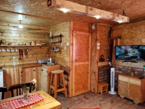a kitchen with wooden walls and a tv and a table at MAJ1 in Kladovo