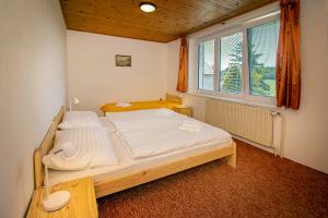 a bedroom with a bed and a window at Chalupa Anežka in Frymburk