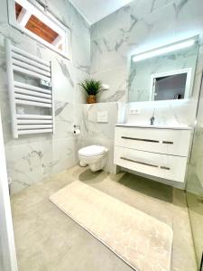 uma casa de banho com um WC, um lavatório e um espelho. em Résidence Colombara em Cargèse