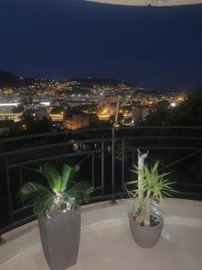 two potted plants sitting on a balcony at night at Appartement 02 Vue Panoramique -WIFI- Parking privé -NICE in Nice