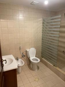a bathroom with a toilet and a sink and a shower at Lovely first floor tow bed rooms overviewing circular pool for families only in Talabay Aqaba in Aqaba