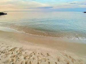 a sandy beach with footprints in the sand at beach room in Snogebæk