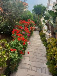 a stone pathway with red flowers in a garden at Apartments Ranko in Zavalatica