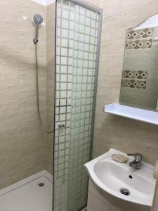 La salle de bains est pourvue d'une douche, d'un lavabo et d'un miroir. dans l'établissement Monica Studio, à Onești