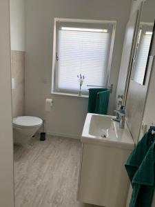 a bathroom with a sink and a toilet and a window at Ferienhaus Am Bodestein in Thale