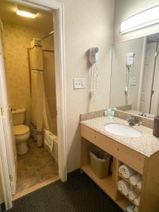 a bathroom with a sink and a toilet and a mirror at Spirit Lake Lodge in Grand Lake