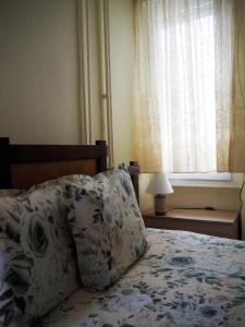 a bedroom with a bed with a pillow and a window at Dimitris apartment in Paleo Tsifliki