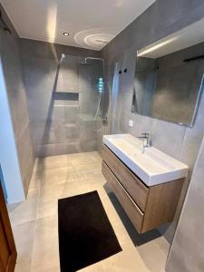 uma casa de banho com um lavatório e um espelho em Villa Vista Montaña em Willemstad