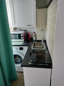 a small kitchen with a sink and a stove at Apartament litoral in Saturn