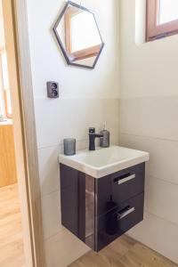 a bathroom with a sink and a mirror at PRZYSTANEK G&S in Mikoszewo
