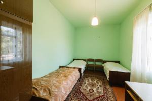 a bedroom with two beds and a window and a rug at B&B Ruzan in Yeghegnadzor