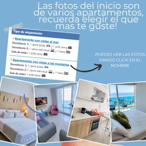 un collage de cuatro fotos de un dormitorio y una sala de estar en Apartamentos en Reserva del Mar - By BEDVIAJES, en Santa Marta