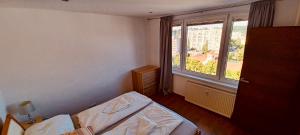 1 dormitorio con cama y ventana grande en Modern apartment, 300m from Main Street and Aupark, en Košice
