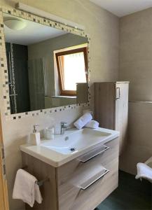 a bathroom with a sink and a mirror at Apartments Stoll in Valle Di Casies