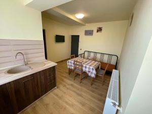 a kitchen with a sink and a table in a room at Pyky in Baia Mare