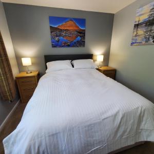 a bedroom with a large white bed with two lamps at Aviemore Bungalow, Dalfaber in Aviemore