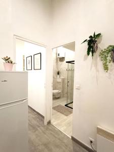 uma casa de banho branca com um frigorífico e um WC em Appartement Gare Saint Charles Marseille em Marselha