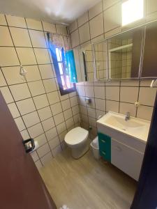 ein Badezimmer mit Toilette, Waschbecken und Spiegel in der Unterkunft Casa de 3 Quartos em Garopaba - Bairro Ferraz in Garopaba