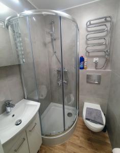 uma casa de banho com um chuveiro, um WC e um lavatório. em Apartamenty u Portera w Śródmieściu em Gdynia
