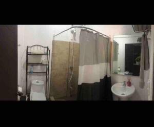 een badkamer met een douche, een toilet en een wastafel bij Casa Felipe, lake view-cottage in Nuevo Arenal