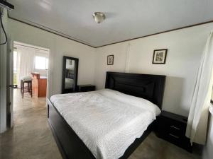 a bedroom with a large bed with a black headboard at Casa Felipe, lake view-cottage in Nuevo Arenal