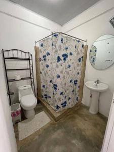 łazienka z toaletą i umywalką w obiekcie Casa Felipe, lake view-cottage w mieście Nuevo Arenal