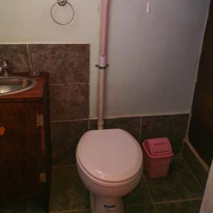 a bathroom with a pink toilet and a sink at Reposo del Huasamayo in Tilcara +8 photos