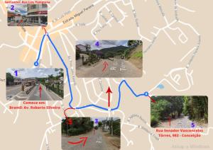 a map of a road with red arrows at Hotel Boavista in Miguel Pereira