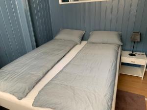 Duas camas sentadas uma ao lado da outra num quarto em Trivelig leilighet gratis parkering på stedet! em Porsgrunn