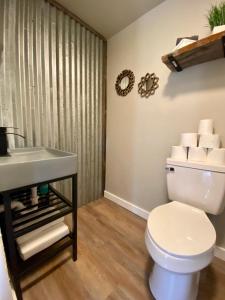 a bathroom with a white toilet and a sink at Cabin 7 at Horse Creek Resort in Rapid City