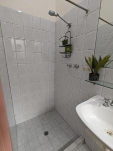 uma casa de banho branca com um chuveiro e um lavatório. em Studio 22 Wright Lodge em Adelaide