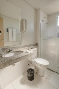 ein Bad mit einem WC, einem Waschbecken und einer Dusche in der Unterkunft Hotel Caiuá Express in Maringá