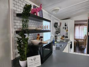 a kitchen with a sink and a shelf with dishes at Mi-o My Getaway in Mio