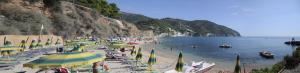 una spiaggia con un mucchio di ombrelloni e gente sopra di Pensione San Michele a Mattinata