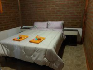 Cabañas El Colibrí في تريفيلين: غرفة نوم عليها سرير وعليها نعال