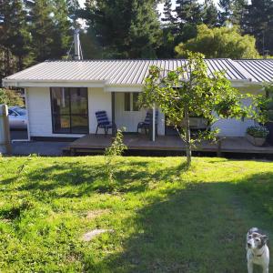 a dog standing in front of a house at Akatarawa Valley and River Retreat a Cosy Two Bedroom Guest Suite in Upper Hutt