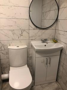 a bathroom with a toilet and a sink and a mirror at Falcon drive Room 2 in Oldham