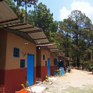 11 Gaon Mudhouse Homestay في لانسداون: صف من البيوت ذات الابواب الزرقاء والاشجار