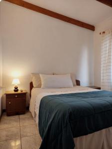 1 dormitorio con 1 cama y 1 mesa con lámpara en Hostal valle de la luna, en Antofagasta