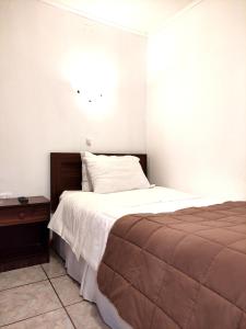 um quarto com uma cama grande e uma mesa de cabeceira em Hostal valle de la luna em Antofagasta